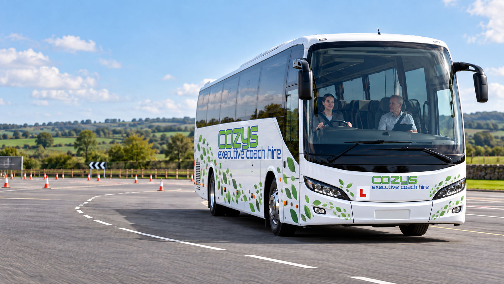 Learner driver training in a Cozys-branded Category D coach
