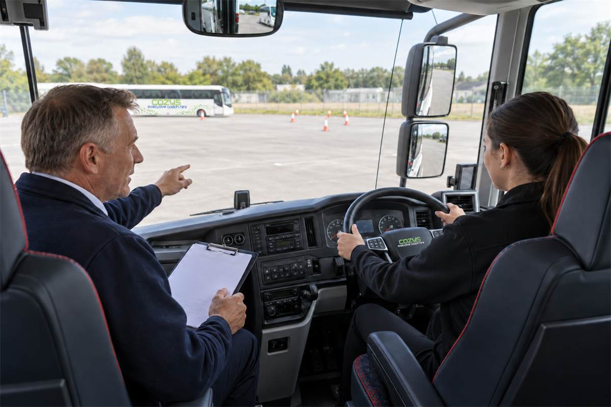 Instructor with a clipboard guiding a learner driver from the passenger seat of a Cozys coach
