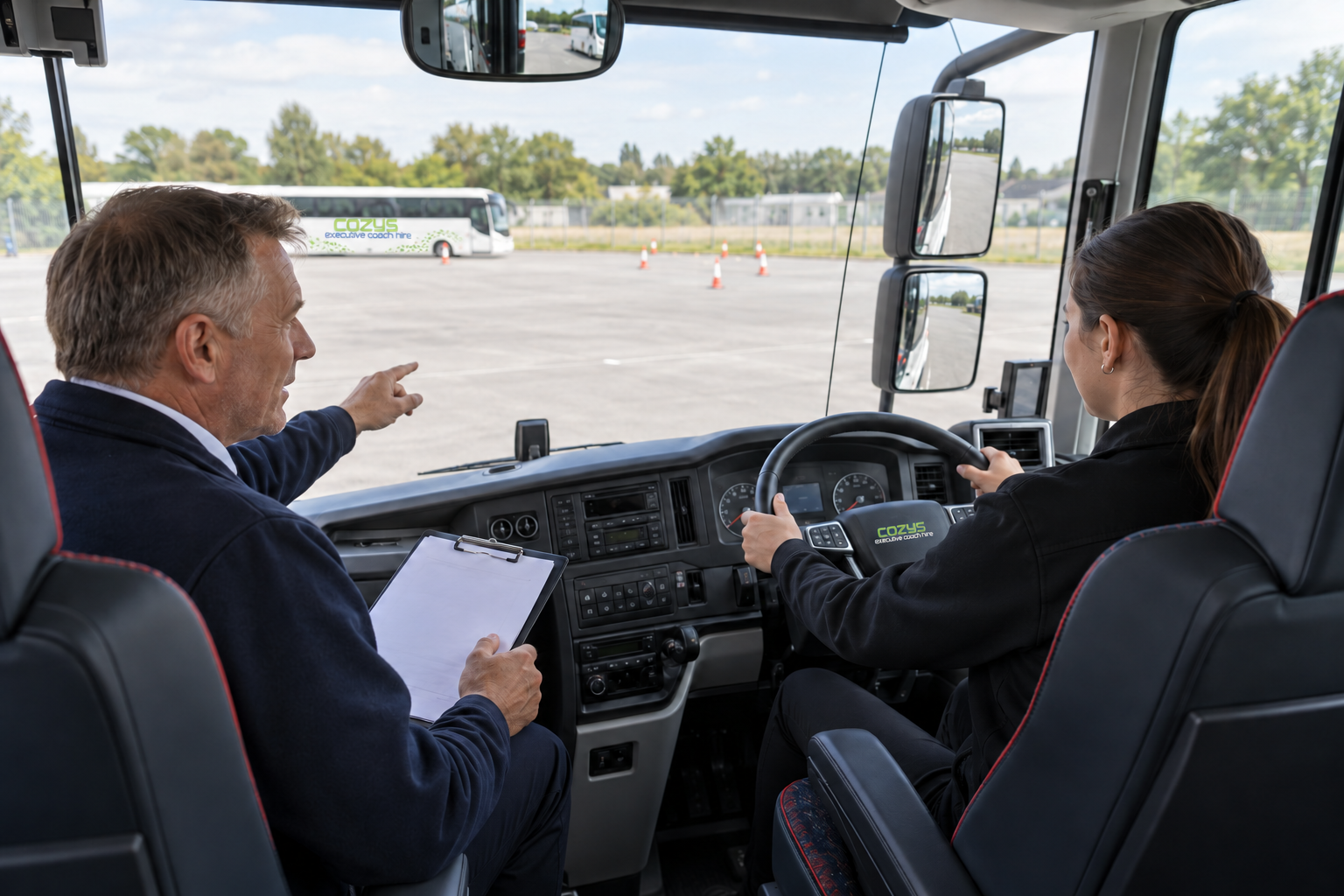 Learner driver training in a Cozys-branded Category D coach