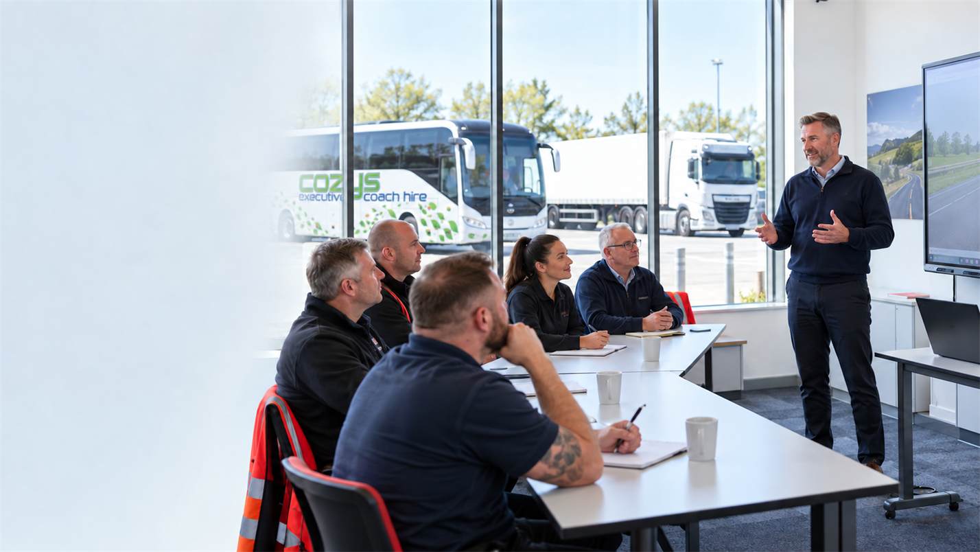 A transport trainer delivering Driver CPC training to professional coach and lorry drivers at a mode