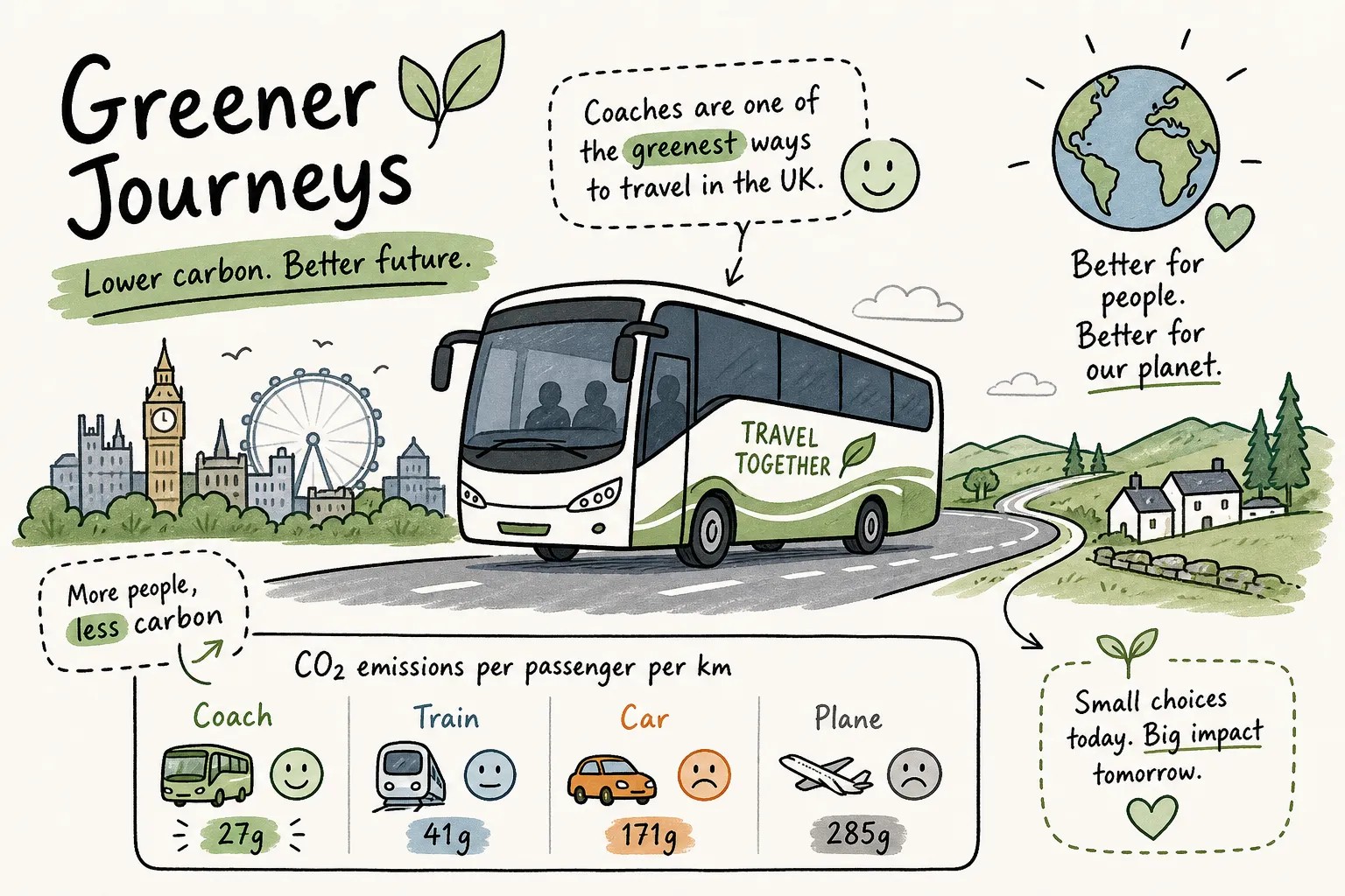 Greener Journeys infographic comparing coach, train, car and plane emissions per passenger kilometre