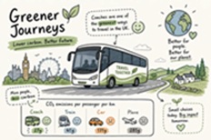 Greener Journeys infographic comparing coach, train, car and plane emissions per passenger kilometre