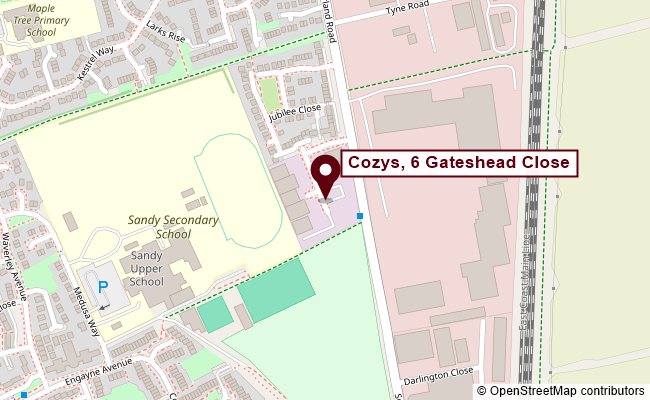Map showing the Cozys depot at 6 Gateshead Close, off Sunderland Road, Sandy SG19 1RS